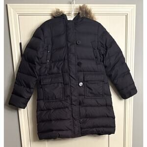 Land’s End Women’s Sz M Petite Black Goose Down Faux Fur Hooded Puffer Jacket